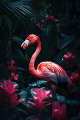 Flamingo in tropical nature forrest abstract background. Animal and environment concept. Generative ai