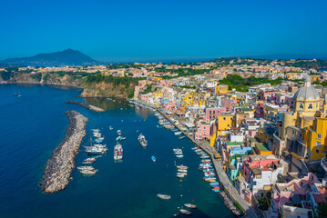Aerial view of Marina di Corricella at Italian island Procida