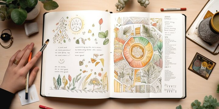 A beautifully organized bullet journal with colorful hand drawn illustrations creative layouts, concept of Personalization and Creative Layouts, created with Generative AI technology