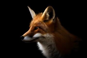 Closeup Portrait of Red Fox in Profile Isolated on black background - Generative AI