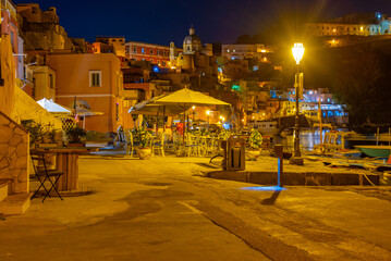 Night view of Marina di Corricella at Italian island Procida