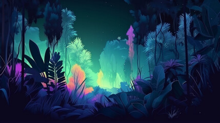 Plakat Tropical colorful plants forest glow in the dark Generative AI