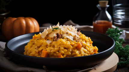Pumpkin risotto with dried meat and curd cheese Generative AI