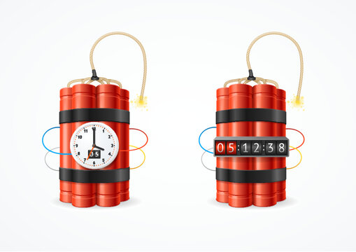 Realistic Detailed 3d Red Detonate Dynamite Bomb Stick and Different Explosion Timer Clock Set. Vector illustration