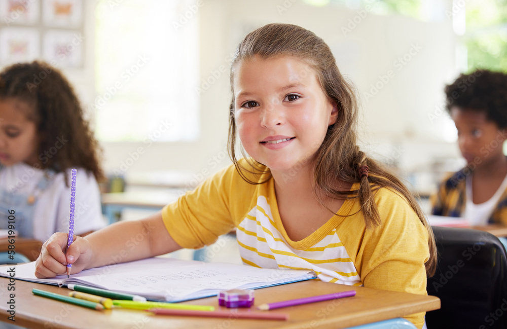 Poster education, writing and portrait of girl in classroom learning, exam or studying with book. preschool