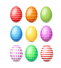 Realistic Detailed 3d Color Easter Eggs with Different Print Set Isolated on a White Background. Vector illustration of Painted Eggs