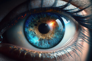 Human eye ball capture zoom with eyelashes. Closeup beauty macro shot of a blue eye. Planet in the eye. Generative AI art.