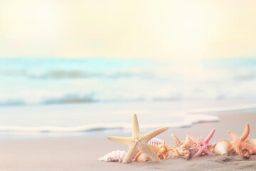 Fototapeta na wymiar Summer background, hot sand beach landscape, sea coast and shells and starfish. Gentle colors, summer concept of travel and vacation in tropical places. Generative AI.