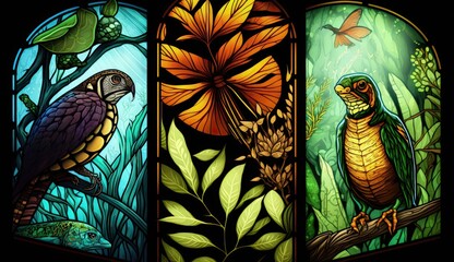 Stained glass-style artwork highlights the importance of preserving biodiversity, showcasing the beauty and diversity of plant and animal species. Generated by AI.