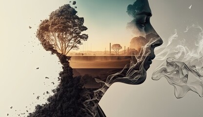 This double exposure photography captures the beauty of a clean and healthy environment. Generated by AI.