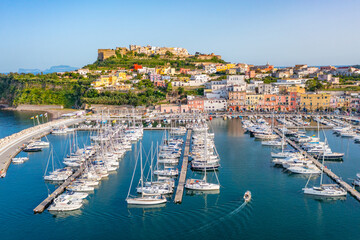 Aerial view of boats mooring at the marina of Procida island, Italy