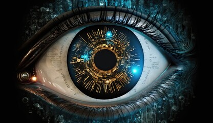 This artwork represents the intersection of computer vision and human perception, featuring an eye made up of circuitry and code. Generated by AI.