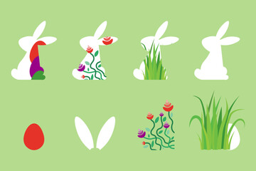 Easter decorations, bunnies with pattern, ears, green grass, flowers and egg, isolated vector illustration.