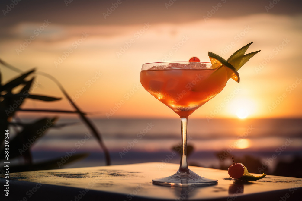 Wall mural cocktail on tropical sunset beach abstract background. drink and summer concept. generative ai