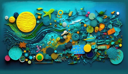 This abstract representation of plastic pollution in the ocean depicts the devastating impact of human activity on marine life and ecosystems. Generated by AI.