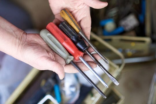 The master is holding a set of four screwdrivers - gray, red, black and wooden.