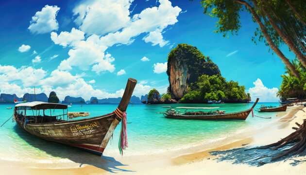 Thai sea beach, tropical island, sea view, longtail boat. Summer vacation in Thailand. Tropical landscape, white sand beach, palm trees, blue calm sea. Generative ai illustration