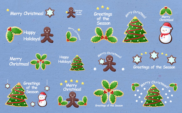 クリスマス☆イラスト素材 クリスマスのアイシングクッキーセット ブルー背景 色違い・差分有