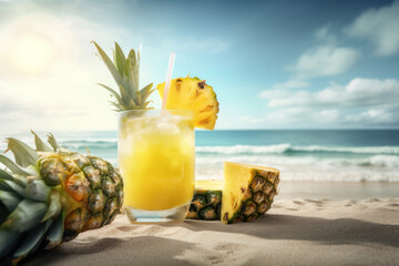 Pineapple juice on tropical beach abstract background. Drink and summer concept. Generative ai