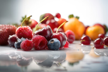 Fresh fruits on table with light from window abstract background. Food and healthy concept. Generative ai