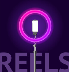 Realistic Detailed 3d Neon Pink Led Ring Lamp Mobile Phone Equipment Holder Reels Concept. Vector illustration