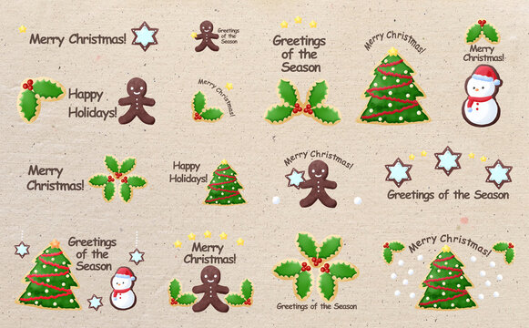クリスマス☆イラスト素材 クリスマスのアイシングクッキーセット ビンテージ背景 色違い・差分有