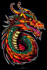 Colorful dragon sticker, t-shirt design, linerart. Generative ai