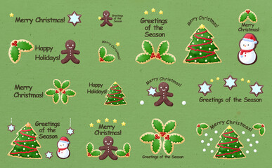 クリスマス☆イラスト素材 クリスマスのアイシングクッキーセット グリーン背景 色違い・差分有