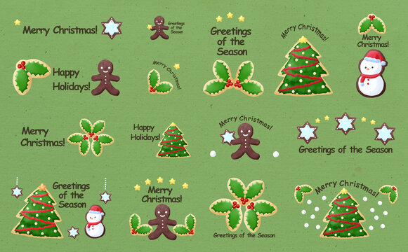 クリスマス☆イラスト素材 クリスマスのアイシングクッキーセット グリーン背景 色違い・差分有