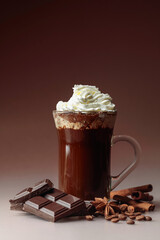 Coffee with whipped cream sprinkled with chocolate crumbs.