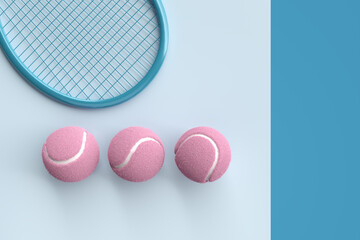 Three pink colored tennis balls and a tennis racket on blue background. Abstract 3D rendering.