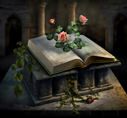 Pink roses and open book on stone pedestal, created using generative AI