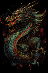 Dragon illustration, detailed t-shirt design. Generative ai
