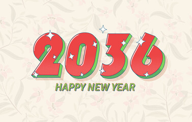 Happy New Year 2036 Numbers Written In a Red Bold Font On Floral Background.