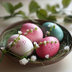 Modern naturally dyed colorful easter eggs are pink and white and blue on a rustic plate with cherry blossom and greens