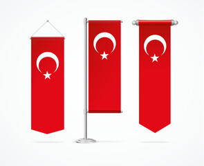 Realistic Detailed 3d Different Vertical Turkish Flag Penant Set for Competition and Business. Vector illustration of Turkey Flags