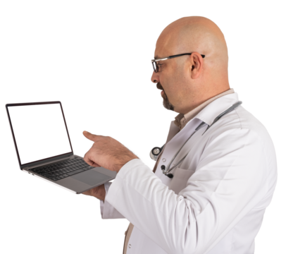 Caucasian middle aged bald doctor holding laptop, transparent png image. Clipping path, copy space. Empty blank screen for notebook mock up. Pointing display.