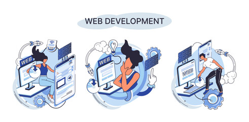 Web development metaphor, coding and programming responsive layout internet site or app of devices. Creation digital Software mobile, desktop platforms. Computer code, tablet, phone, digital business