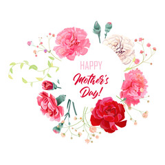 Round Mother's Day card with carnation: white, pink, red flowers, gypsophile twigs, square white background. Template for design, realistic botanical illustration in watercolor style, vector