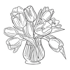 Beautiful bouquet with tulip flowers in glass vase isolated on white background. Hand drawn vector sketch illustration in vintage engraved style. Spring, holiday, happy birthday, gift, romantic.