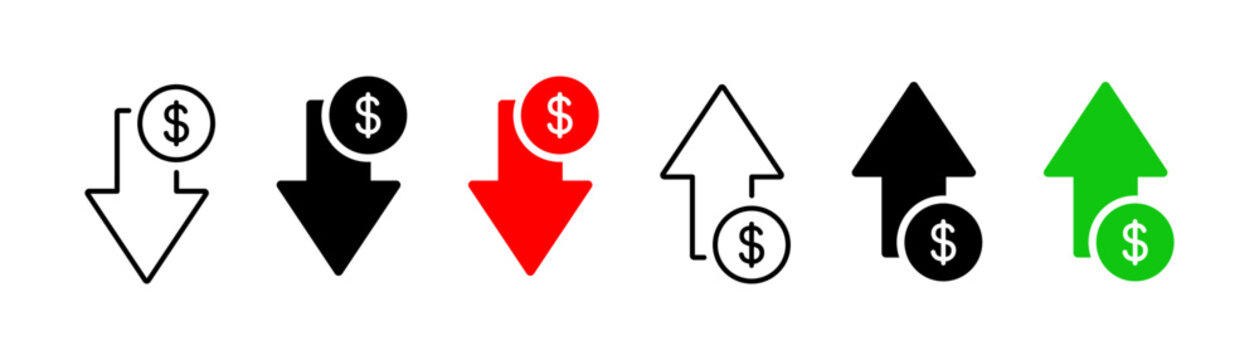 Increase, decrease dollar icons. Interest arrow money icons collection. Increase, decrease growth elements icons. EPS 10
