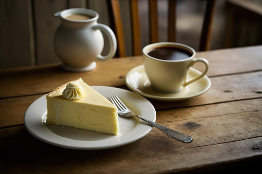 A piece of butter cake in white plate in placed with a cup of hot coffee on the wooden table. Morning breakfast meal object. Generative Ai image.