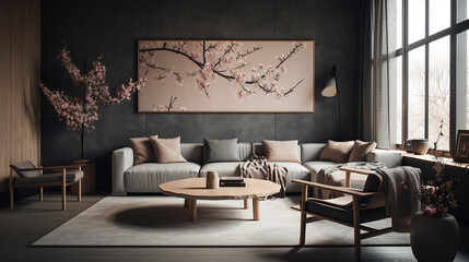 Japandi Interior Design of Moody Living Room with Modern Wood Furniture - Japanese Inspired Artwork and Cherry Blossoms, Interior Decor - Generative AI