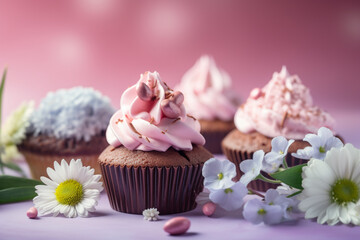 Obraz na płótnie Canvas Cupcake with pink frosting, spring flowers and sprinkles. Generative AI