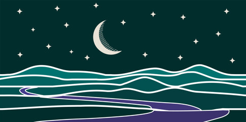Curved road stretching beyond the horizon and the waning moon. Moon and turquoise mountains with dark sky with stars. Vector illustration. - obrazy, fototapety, plakaty