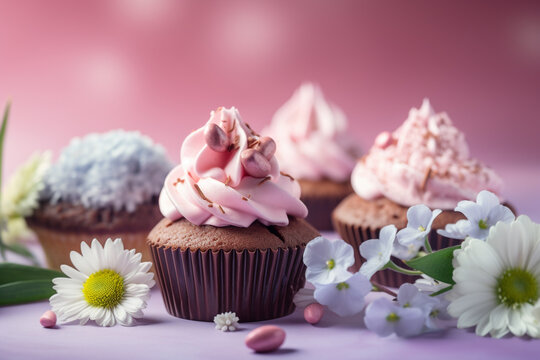 Cupcake with pink frosting, spring flowers and sprinkles. Generative AI