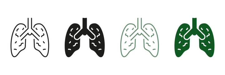 Pneumonia, Asthma, Viral Disease. Pneumonia Lungs Sign. Inflammatory Condition of Lungs Symbol Collection. Human Internal Organ Line and Silhouette Icon Set. Isolated Vector illustration
