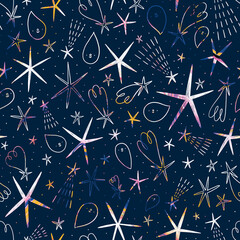 Stars and comets in the sky, colorful scribble seamless pattern - 586207148