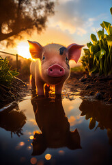Funny piggy stands in front of a puddle and looks at the camera in the garden. AI Generated