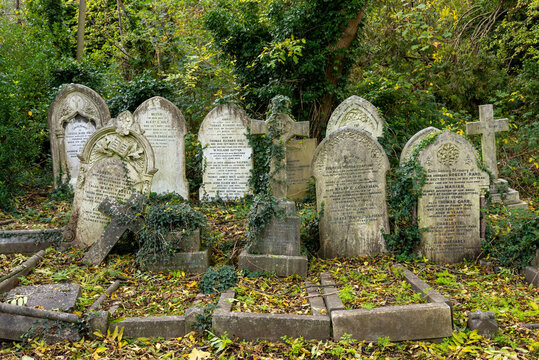 Old tombstones in Highgate Cemetery, London, England, UK